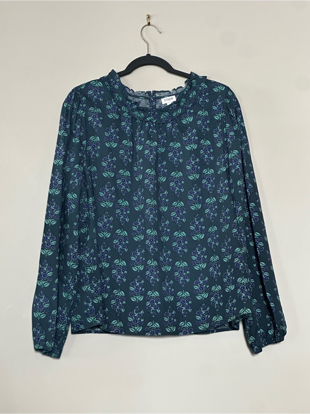 J. Crew Deep Green Floral Ruffle-Neck Blouse